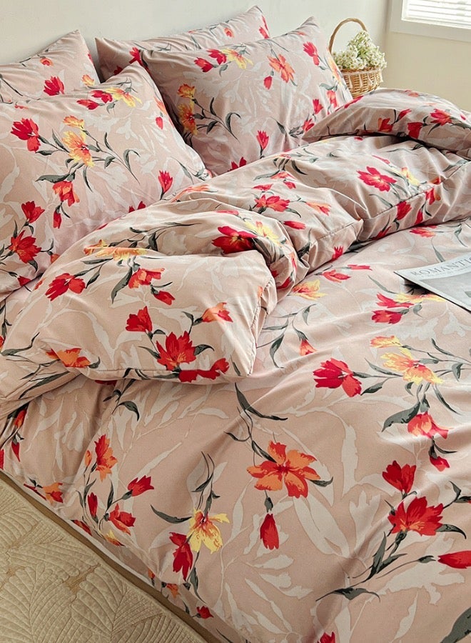 LUNA Home King size 6-piece (1 Duvet cover - 220*240cm. 1 Fitted sheet - 200*200cm+30cm. 4 Pillow covers - 50*75cm. ) Suitable for king size mattress. Modern bedding set beige with orange and red floral. - Image 3